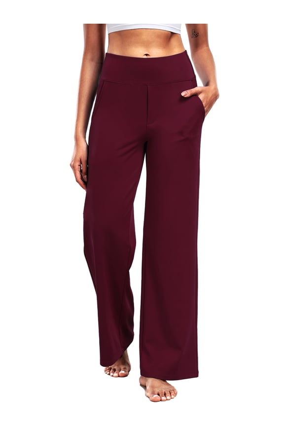 Womens 29" Wide Leg Pants Athletic Yoga Leggings Casual Sweatpants Stretch Dress with Pockets,Wine Red,US Size M
