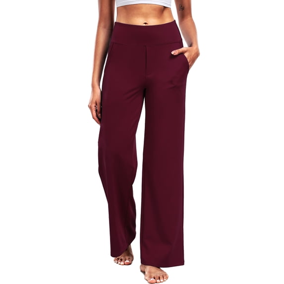 NELEUS Womens 29" Wide Leg Pants Athletic Yoga Leggings Casual Sweatpants Stretch Dress with Pockets,Wine Red,US Size XL