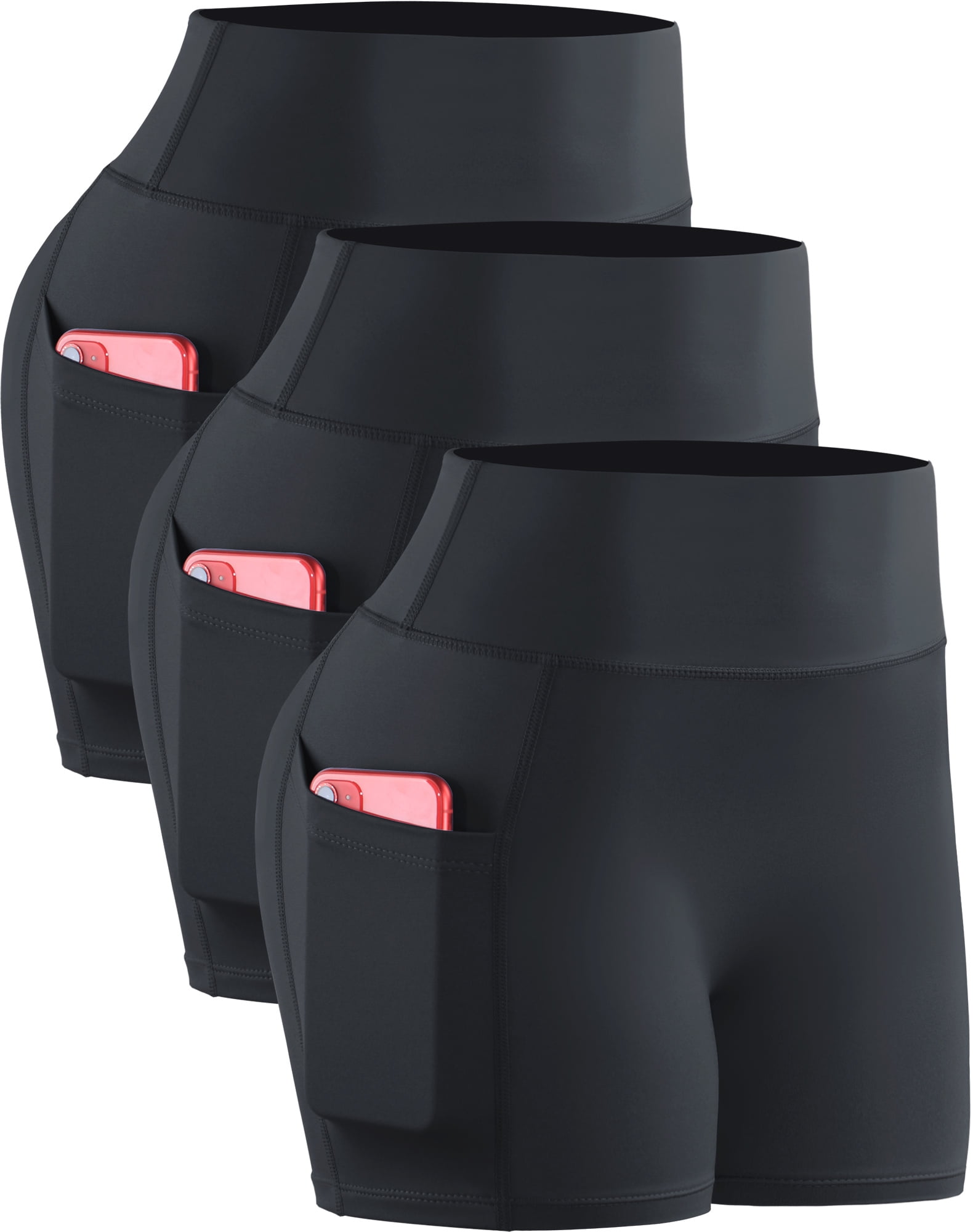 NELEUS Womens 3" Spandex Booty Shorts for Yoga High Waist Tummy Control with Pockets 3 Pack,Black+Black+Black,US Size M