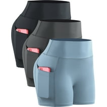 NELEUS Womens 3" Compression Yoga Shorts With Pockets High Waist Tummy Control,Black+Gray+Light Blue,US Size L