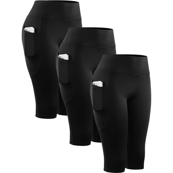 NELEUS Womens 3 Pack Capri Shorts 14" Knee Length with Pockets High Waist Stretch for Yoga Workout Exercise,3 Black,US Size 2XL