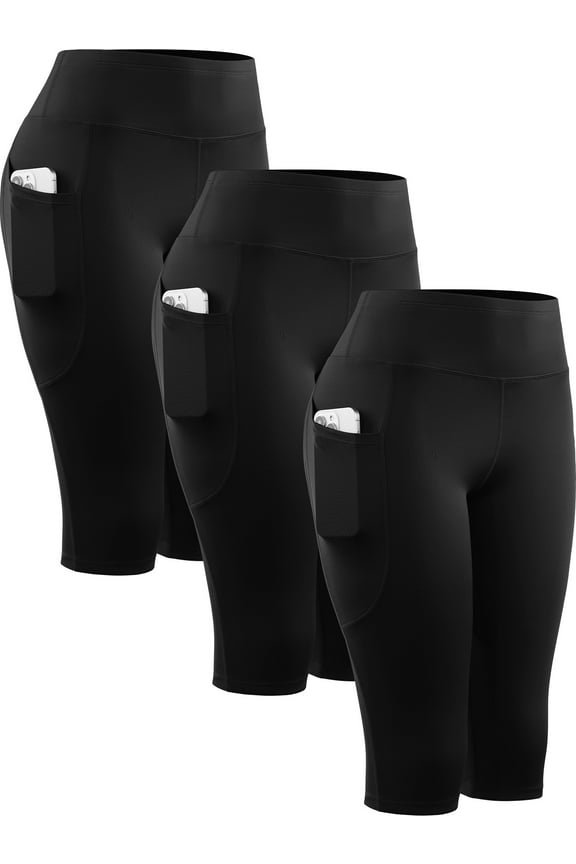 Womens 3 Pack Capri Shorts 14" Knee Length with Pockets High Waist Stretch for Yoga Workout Exercise,3 Black,US Size 2XL
