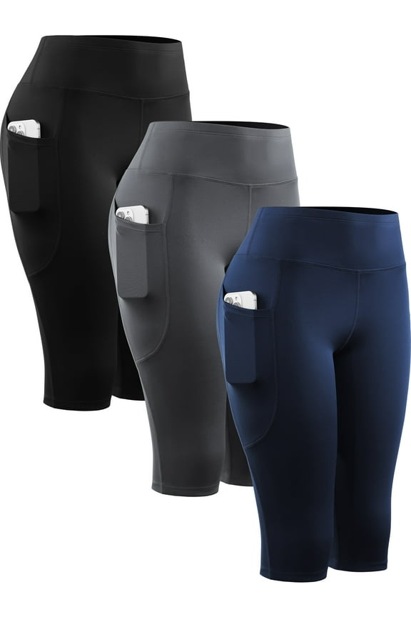 Womens 3 Pack Capri Shorts 14" Knee Length with Pockets High Waist Stretch for Yoga Workout Exercise,Black+Gray+Navy Blue,US Size 2XL
