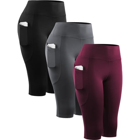 Womens Plus Size 3 Pack Capri Shorts 14" Knee Length with Pockets High Waist Stretch for Yoga Workout Exercise,Black+Gray+Wine Red,US Size 2XL