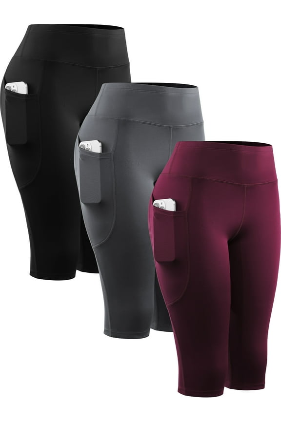 Womens 3 Pack Capri Shorts 14" Knee Length with Pockets High Waist Stretch for Yoga Workout Exercise,Black+Gray+Wine Red,US Size M