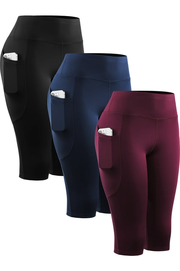 Womens 3 Pack Capri Shorts 14" Knee Length with Pockets High Waist Stretch for Yoga Workout Exercise,Black+Navy Blue+Wine Red,US Size M