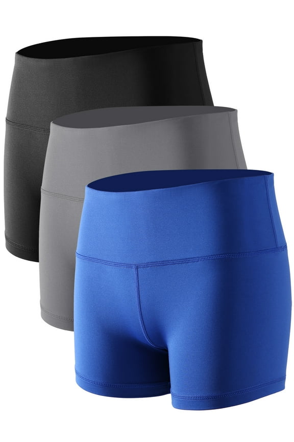 Womens 3" Spandex Booty Shorts for Yoga Gym Cheer High Waist with Inner Waistband Pocket 3 Pack,Black+Gray+Blue,US Size XL
