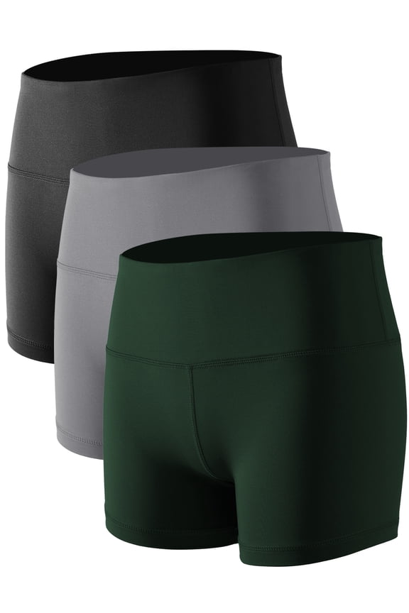 Womens 3" Spandex Booty Shorts for Yoga Gym Cheer High Waist with Inner Waistband Pocket 3 Pack,Black+Gray+Dark Green,US Size L