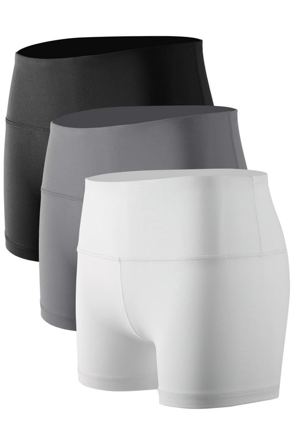 Womens 3" Spandex Booty Shorts for Yoga Gym Cheer High Waist with Inner Waistband Pocket 3 Pack,Black+Gray+White,US Size M