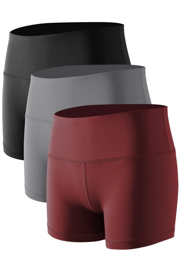 Womens 3" Spandex Booty Shorts for Yoga Gym Cheer High Waist with Inner Waistband Pocket 3 Pack,Black+Gray+Wine Red,US Size 2XL