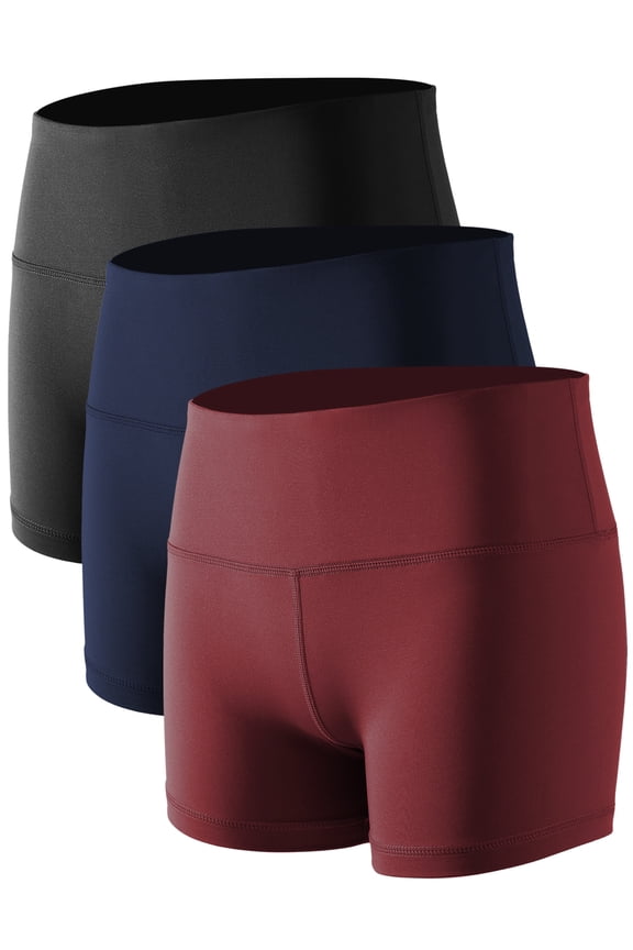 Womens 3" Spandex Booty Shorts for Yoga Gym Cheer High Waist with Inner Waistband Pocket 3 Pack,Black+Navy Blue+Wine Red,US Size L