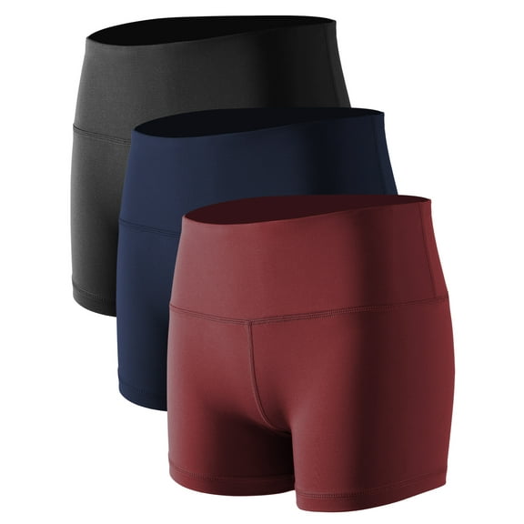 NELEUS Womens 3" Spandex Booty Shorts for Yoga Gym Cheer High Waist with Inner Waistband Pocket 3 Pack,Black Navy Blue Wine Red,US Size L