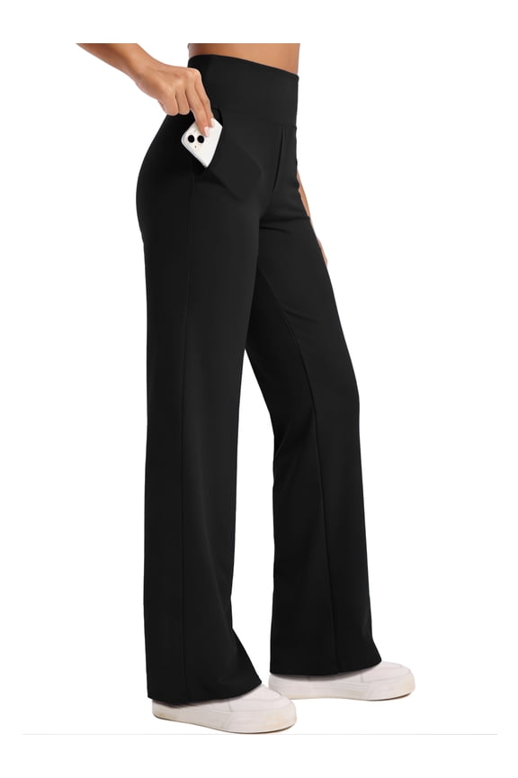 Womens 31" Wide Leg Pants Athletic Yoga Leggings Casual Sweatpants Stretch Dress with Pockets,Black,US Size XL