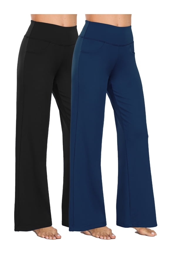 Womens Plus Size 31" Wide Leg Pants Athletic Yoga Stretch Loose Legging Casual Sweatpants with Pockets,Black+Navy Blue,US Size 2XL