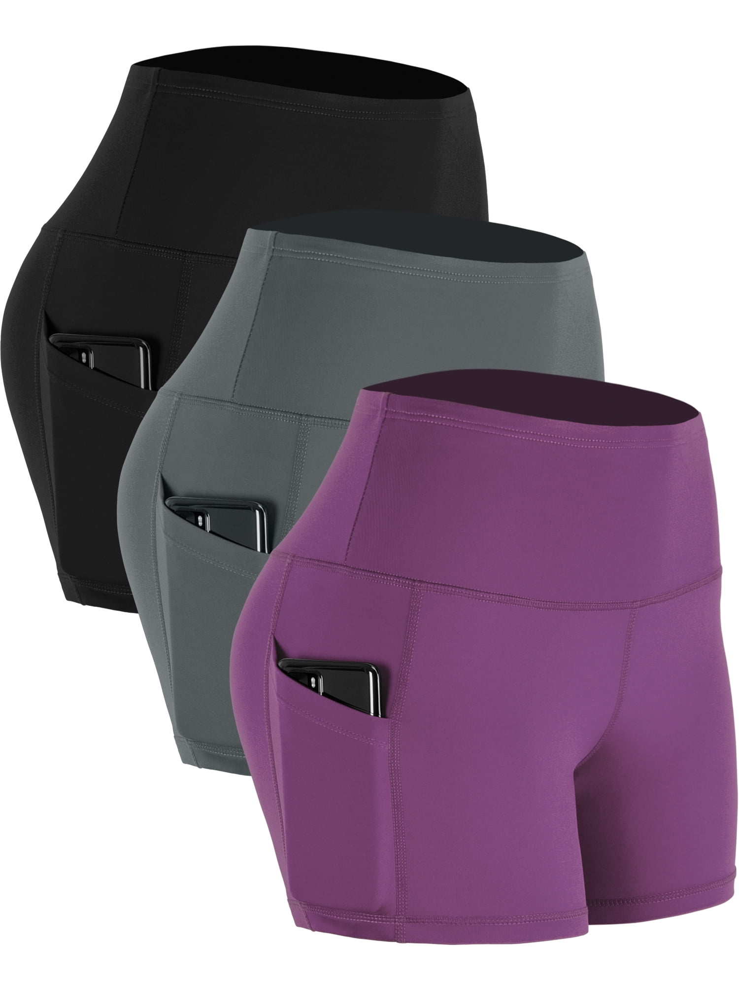 Walmart Deals of "NELEUS High Waist Athletic Running Shorts for Yoga with Pockets, 4"" Length, Black+Gray+Purple, US Size S"