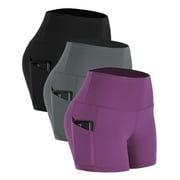 NELEUS Womens 4" High Waist Athletic Spandex Shorts for Yoga with Pockets 3 Packs,Black+Gray+Purple,US Size S