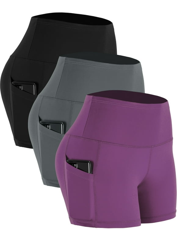Womens 4" High Waist Athletic Spandex Shorts for Yoga with Pockets 3 Packs,Black+Gray+Purple,US Size S
