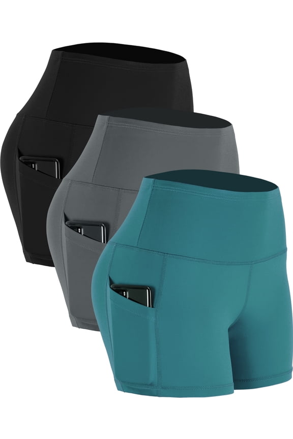 Womens 4" High Waist Athletic Spandex Shorts for Yoga with Pockets,Black+Gray+Light Green,US Size M