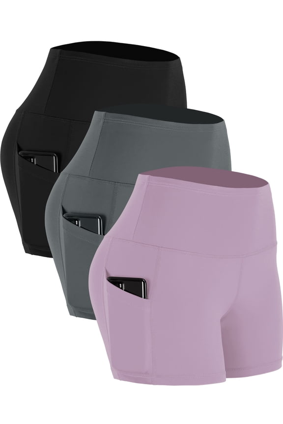 Womens Plus Size 4" High Waist Athletic Spandex Shorts for Yoga with Pockets 3 Packs,Black+Gray+Light Pink,US Size 2XL