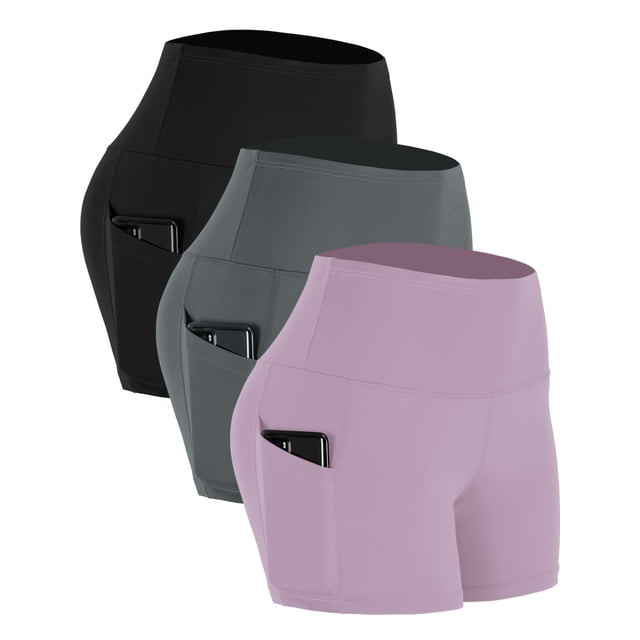 NELEUS Womens 4" High Waist Athletic Spandex Shorts for Yoga with Pockets,Black+Gray+Light Pink,US Size L