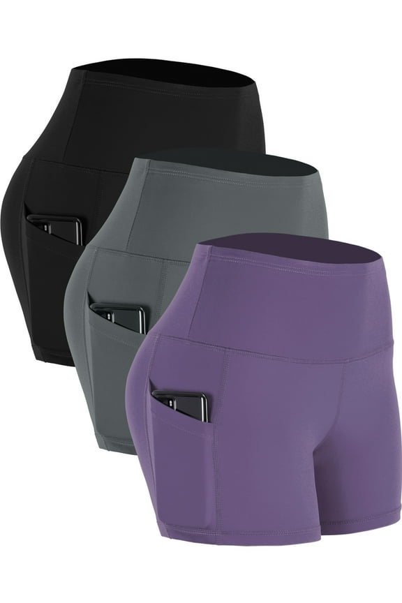 Womens 4" High Waist Athletic Spandex Shorts for Yoga with Pockets,Black+Gray+Light Purple,US Size 2XL