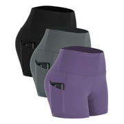 NELEUS Womens 4" High Waist Athletic Spandex Shorts for Yoga with Pockets 3 Packs,Black+Gray+Light Purple,US Size L