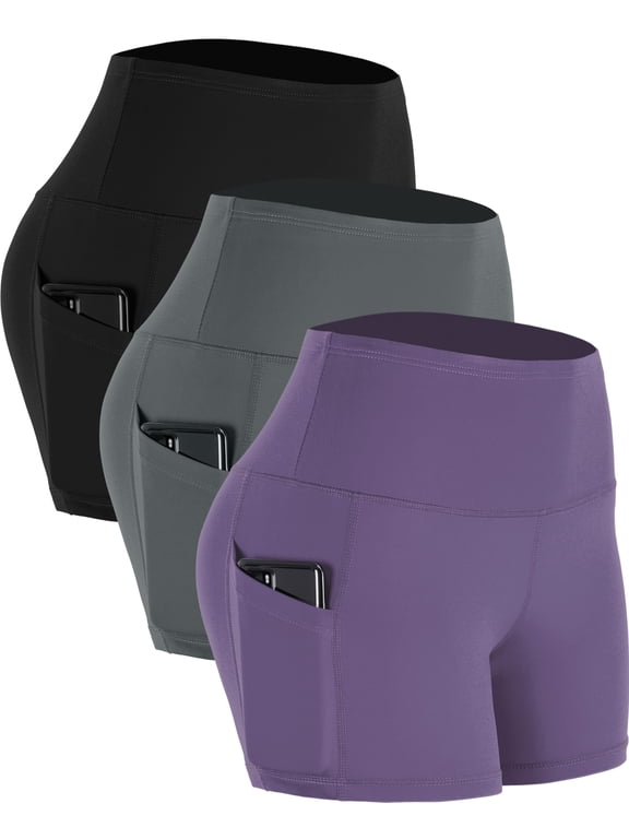 Womens 4" High Waist Athletic Spandex Shorts for Yoga with Pockets 3 Packs,Black+Gray+Light Purple,US Size L