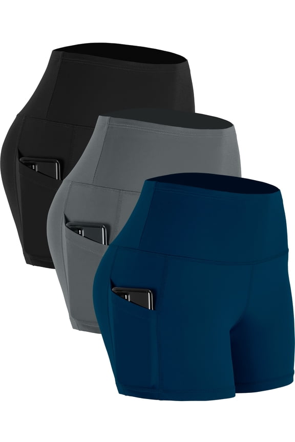 Womens 4" High Waist Athletic Spandex Shorts for Yoga with Pockets,Black+Gray+Navy Blue,US Size M