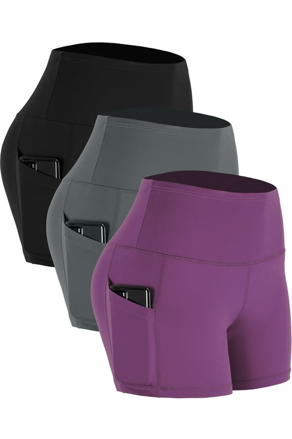 Womens 4" High Waist Athletic Spandex Shorts for Yoga with Pockets,Black+Gray+Purple,US Size 2XL