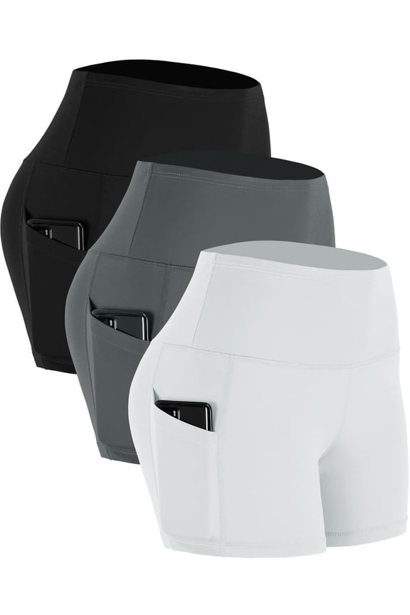 Womens 4" High Waist Athletic Spandex Shorts for Yoga with Pockets,Black+Gray+White,US Size M