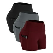NELEUS Womens 4" High Waist Athletic Spandex Shorts for Yoga with Pockets 3 Packs,Black+Gray+Wine Red,US Size S