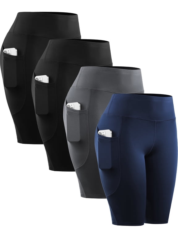 Womens Plus Size 4 Pack Workout Shorts 10" for Yoga Biker High Waist Compression Tummy Control with Pockets,2 Black+Gray+Navy Blue,US Size 2XL