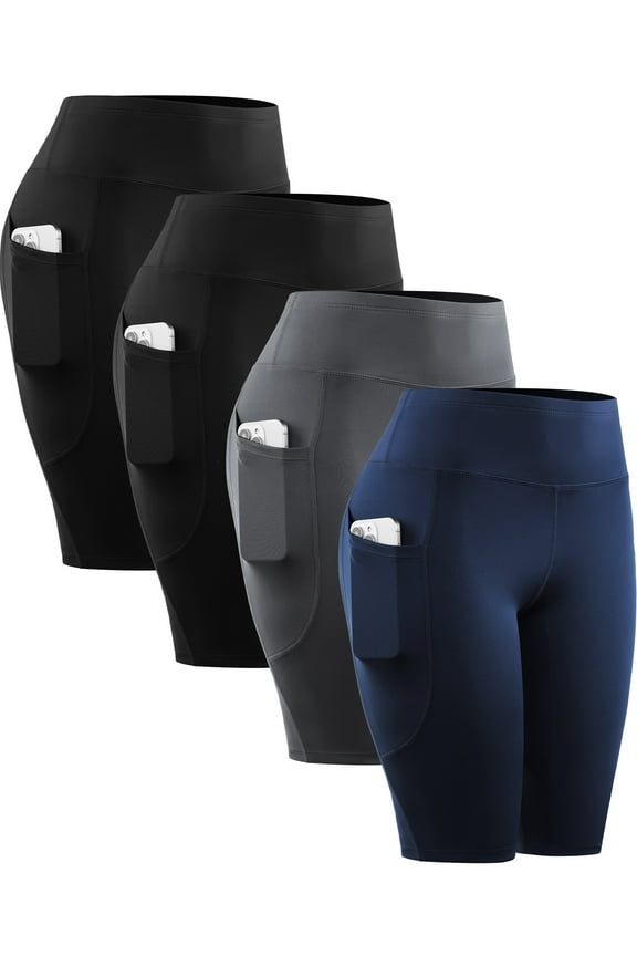Womens 4 Pack Workout Shorts 10" for Yoga Biker High Waist Compression Tummy Control with Pockets,2 Black+Gray+Navy Blue,US Size S