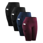 NELEUS Womens 4 Pack Workout Shorts 10" for Yoga Biker High Waist Compression Tummy Control with Pockets,2 Black+Navy Blue+Wine Red,US Size L