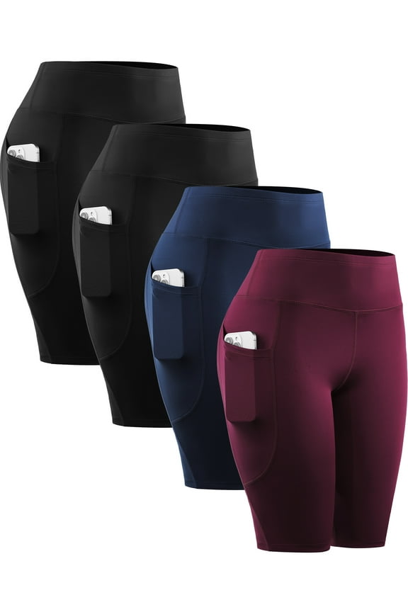 Womens 4 Pack Workout Shorts 10" for Yoga Biker High Waist Compression Tummy Control with Pockets,2 Black+Navy Blue+Wine Red,US Size L