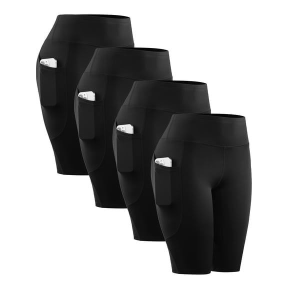 NELEUS Womens Plus Size 4 Pack Workout Shorts 10" for Yoga Biker High Waist Compression Tummy Control with Pockets,4 Black,US Size 2XL
