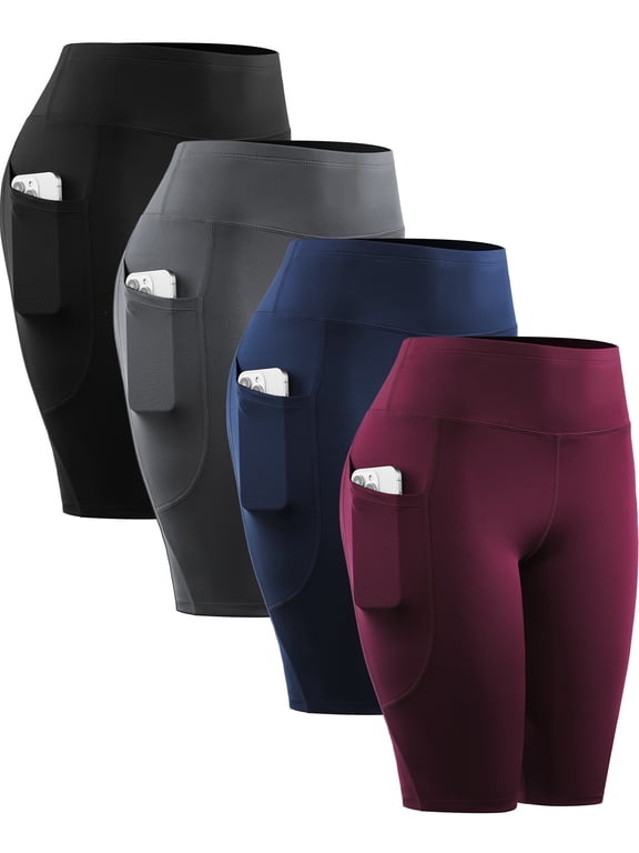 Womens 4 Pack Workout Shorts 10" for Yoga Biker High Waist Compression Tummy Control with Pockets,Black+Gray+Navy Blue+Wine Red,US Size L