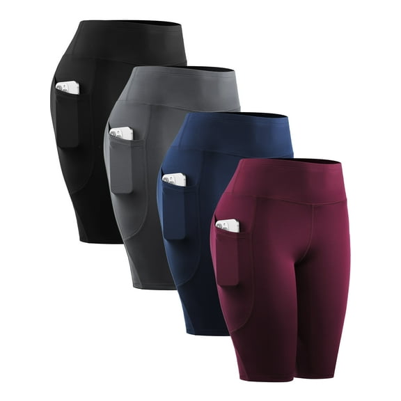 NELEUS Womens 4 Pack Workout Shorts 10" for Yoga Biker High Waist Compression Tummy Control with Pockets,Black Gray Navy Blue Wine Red,US Size S