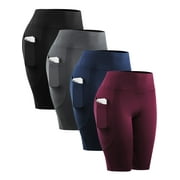NELEUS Womens 4 Pack Workout Shorts 10" for Yoga Biker High Waist Compression Tummy Control with Pockets,Black+Gray+Navy Blue+Wine Red,US Size XL