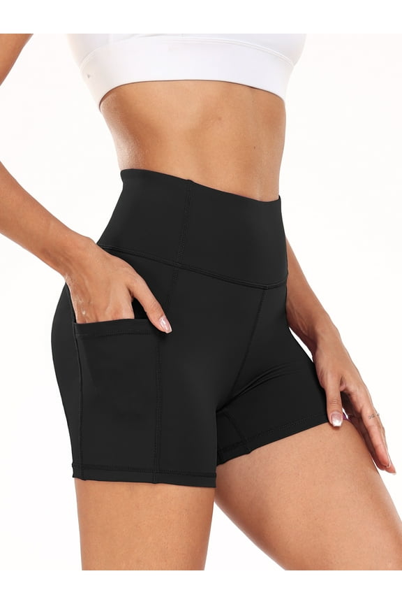Womens 4" Spandex Booty Shorts Yoga Workout Athletic Shorts High Waist with Pockets,Black,US Size S