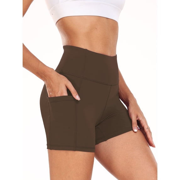 NELEUS Womens 4" Spandex Booty Shorts Yoga Workout Athletic Shorts High Waist with Pockets,Coffee Brown,US Size L