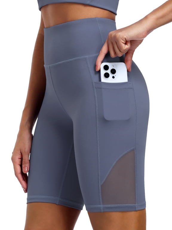 Womens 8" High Waist Nylon Shorts for Workout Athletic Shorts with Pockets and Breathable Mesh,Dark Blue,US Size 2XL