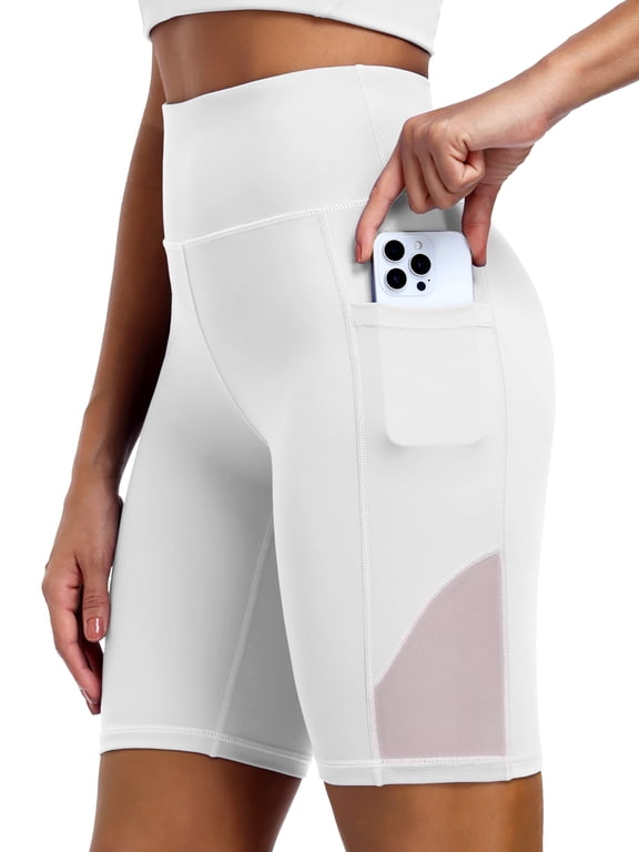 Womens 8" High Waist Nylon Shorts for Workout Athletic Shorts with Pockets and Breathable Mesh,White,US Size L