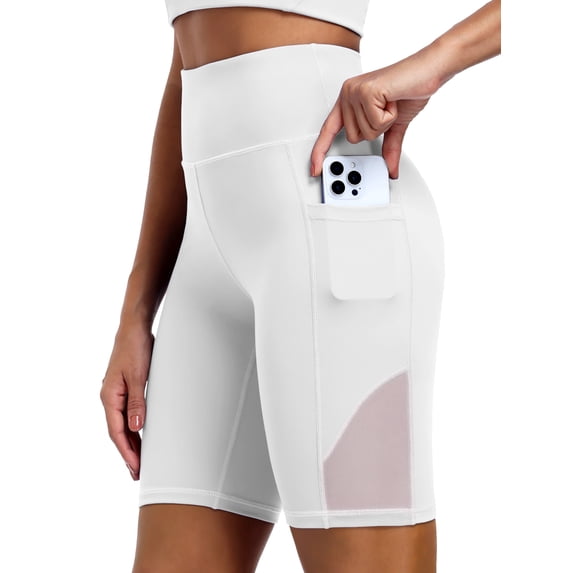 NELEUS Womens 8" High Waist Nylon Shorts for Workout Athletic Shorts with Pockets and Breathable Mesh,White,US Size S