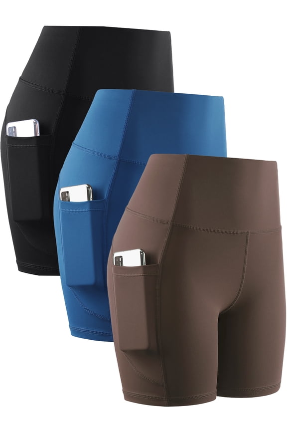 Womens 8" High Waist Spandex Shorts Yoga Workout Biker Athletic Shorts with Pockets,Black+Dark Blue+Coffee Brown,US Size XL