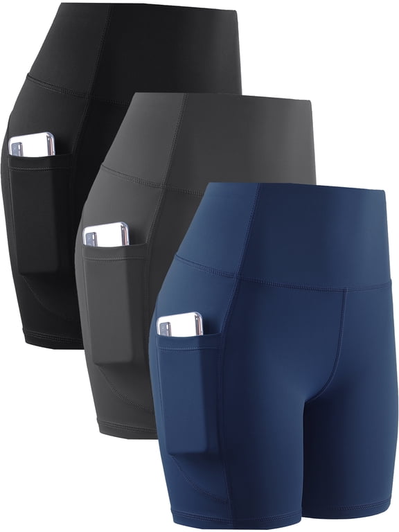 Womens Plus Size 8" High Waist Spandex Shorts Yoga Workout Biker Athletic Shorts with Pockets,Black+Gray+Navy Blue,US Size 2XL