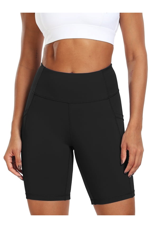 Womens 8" High Waist Spandex Shorts Yoga Workout Biker Athletic Shorts with Pockets,Black,US Size 2XL