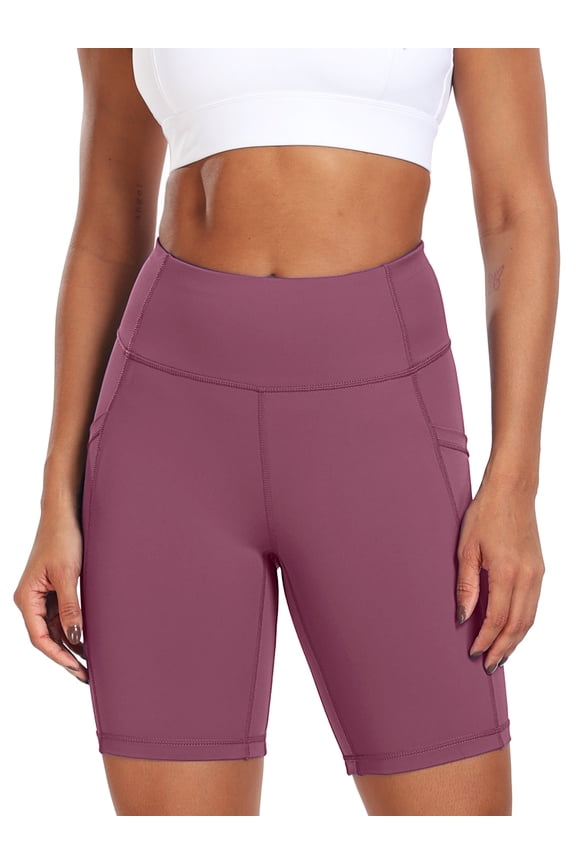 Womens 8" High Waist Spandex Shorts Yoga Workout Biker Athletic Shorts with Pockets,Lavender Pinkish Purple,US Size L