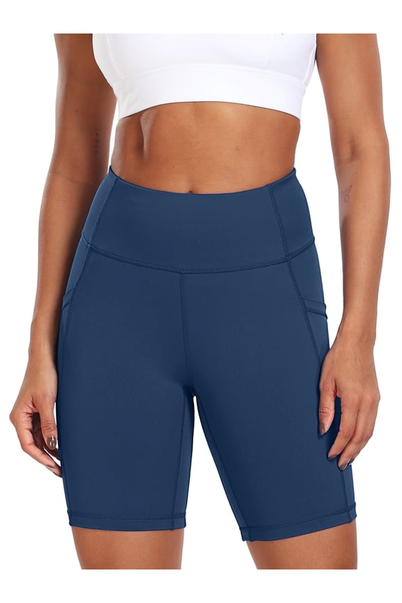 Womens Plus Size 8" High Waist Spandex Shorts Yoga Workout Biker Athletic Shorts with Pockets,Navy Blue,US Size 2XL