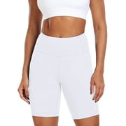 NELEUS Womens 8" High Waist Spandex Shorts Yoga Workout Biker Athletic Shorts with Pockets,White,US Size M